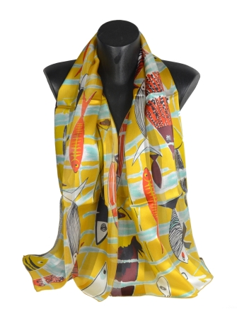 Foulard en soie Poissons de Leleu vs jaune