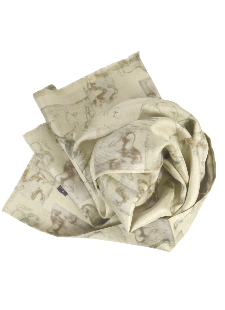 Foulard en soie homme Chevaux de Vinci-beige