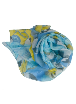 Grand Carré en soie Pivoine bleu