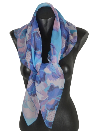 Grand Carré en soie Pivoine bleu rose